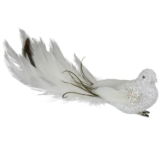 Northlight 8" White and Black Glittered Bird with Feather Tail Christmas Ornament with Clip {1}