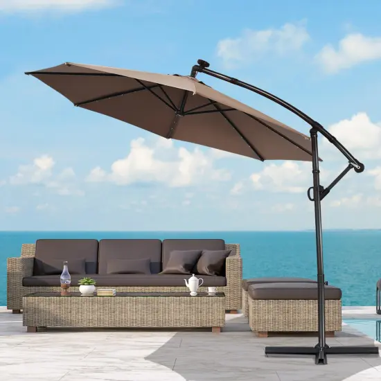 Costway 10FT Patio Offset Umbrella Solar LED 360degrees Rotation Brown {4}