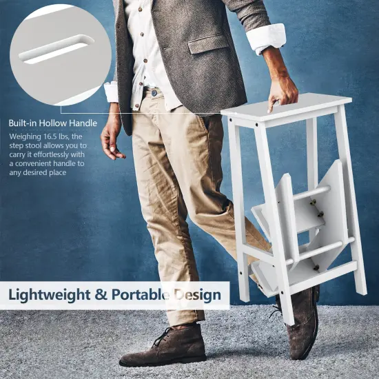 3-in-1 Rubber Wood 3 Tier Folding Step Stool Ladder Storage Shelf White {2}