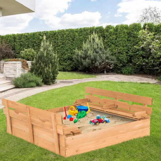 Kids Wooden Sandbox with 2 Foldable Bench Seats {6}