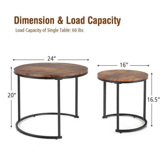 Set of 2 Modern Round Stacking Nesting Coffee Tables for Living Room Rustic Brown {5}