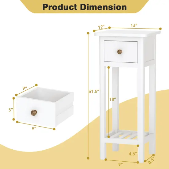 2 Tier Slim Rectangular Bedside Table Nightstand with Open Shelf and Small Drawer White {4}