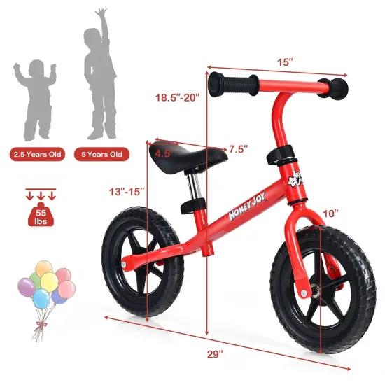 Kids No Pedal Balance Bike with Adjustable Handlebar and Seat Red {3}