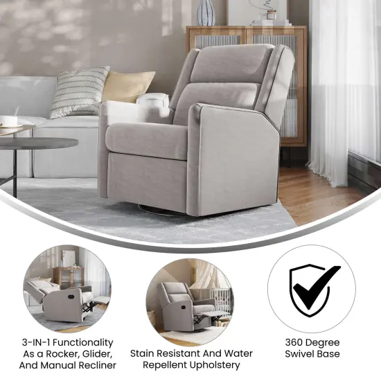 Merrick Lane Dara 3-in-1 Traditional Manual Recliner Rocker Swivel Glider Chair Light Gray {2}