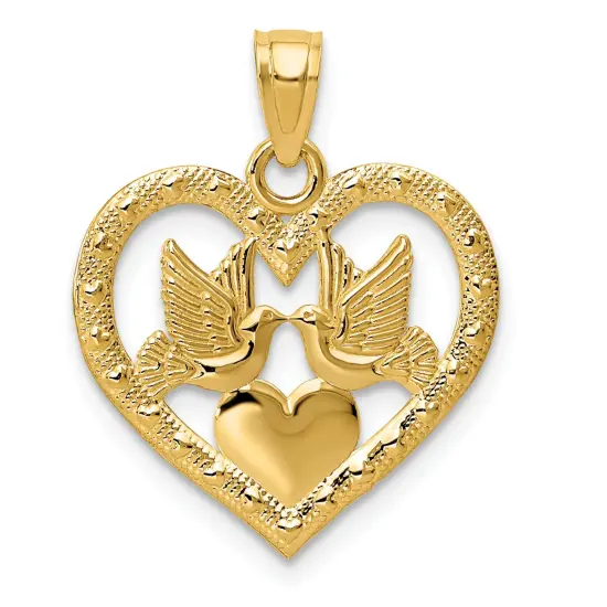 14K Gold Two Doves In Heart Pendant Charm Jewelry 21 x 17 mm {1}