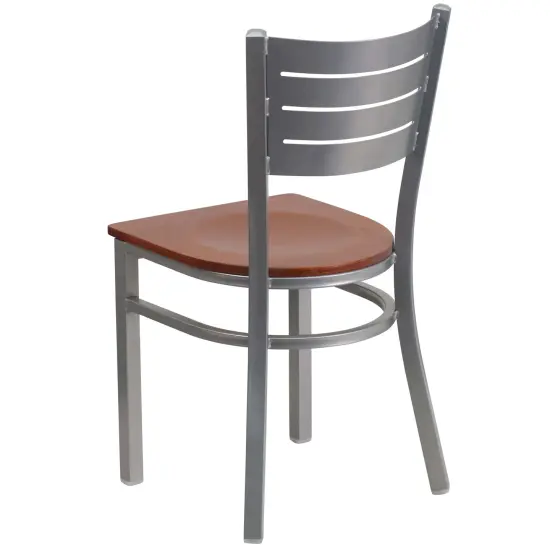 Emma and Oliver 2 Pack Silver Slat Back Metal Restaurant Chair WalnutSeat/Silver {8}