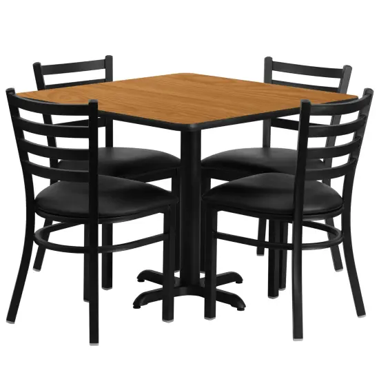 Emma and Oliver 36" Square Laminate X-Base Table Set with 4 Ladder Back Chairs NaturalTop/BlackVYL {1}