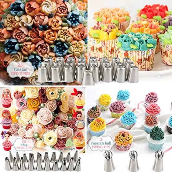 Russian Piping Tips Cake Decorating Supplies 88 Baking Supplies Set 49 Icing Piping Tips 3 Russian Ball Piping Tip, Flower Frosting Tips, Bakes Flower Nozzles Large Cupcake Decorating Kit {5}
