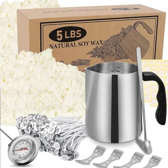 Candle Making Kit Supplies - 32Oz Pouring Pot, 16Oz Soy Wax, Wooden Wick Holders, Candle Wicks, Stickers and Spoon, Perfect Candle Kit for Beginners 80Oz Kit {1}