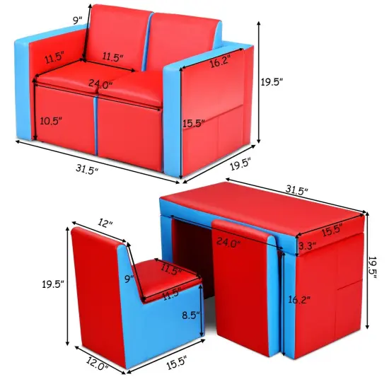 2 in 1 Multi-Functional Kids Sofa Table Chair Set with PVC Surface and Storage Box Under The Seat Red {4}
