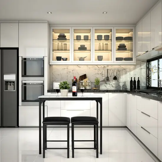 3 Piece Counter Height Dining Set Faux Marble Table White {1}