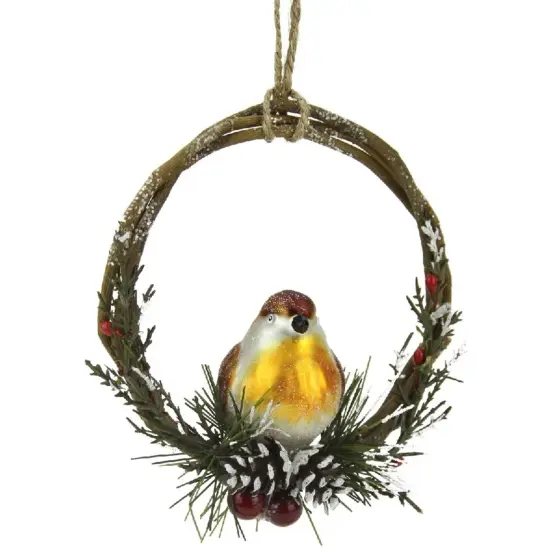 Northlight 4" Brown Bird Sitting in a Twig Wreath Christmas Ornament {1}