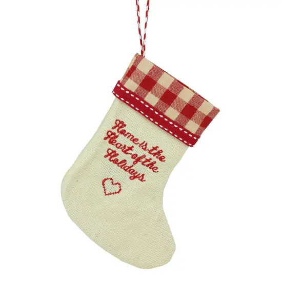 Roman 6.5" Tan and Red Embroidered Heart Stocking with Gingham Cuff Christmas Ornament Brown {1}