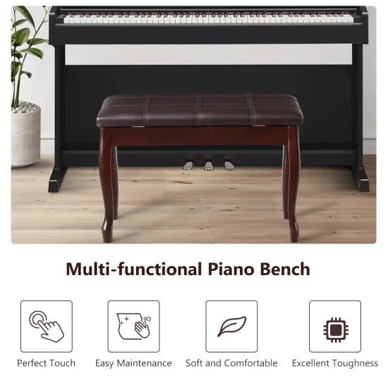 Solid Wood PU Leather Piano Bench with Storage Brown {2}
