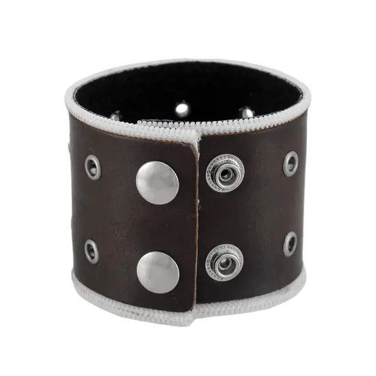 Brown Leather Brass Grommet Wristband {3}