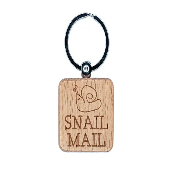 Snail Mail Cute Doodle Engraved Wood Square Keychain Tag Charm {1}