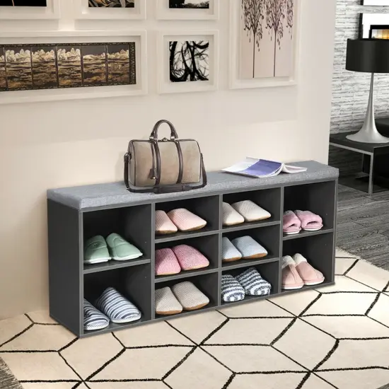 10-Cube Organizer Entryway Padded Shoe Storage Bench Grey {2}