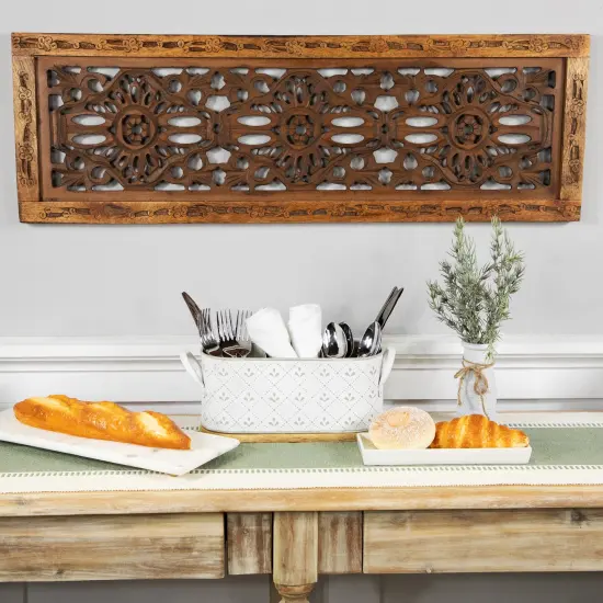 Northlight 11.25" White Oval Embossed Utensil Caddy with Side Handles and Wooden Base {4}