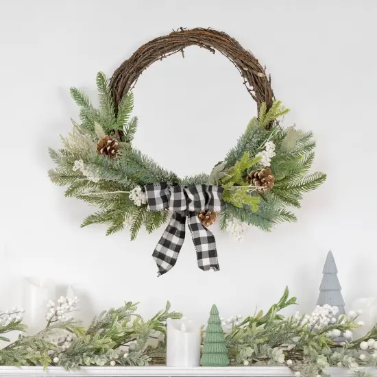 Northlight Plaid Bow and Winter Foliage Artificial Christmas Twig Wreath - 23-inch, Unlit Brown {3}