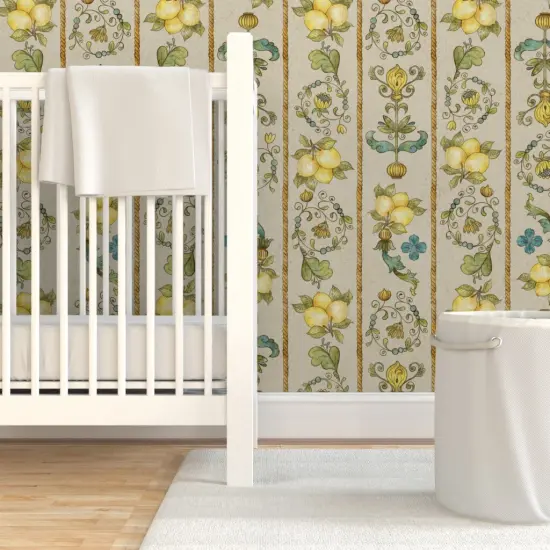 Pre-Pasted Wallpaper 2FT Wide Yellow Teal Floral Gold Large Scale Hand Drawn Lemons Italian Florentine Botanical Fruit Directional Custom Pre-pasted Wallpaper by Spoonflower {7}