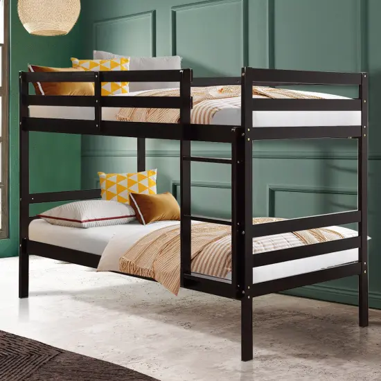 Children's Wooden Slat Design Twin Bunk Bed with Headboard and Footboard Brown {1}