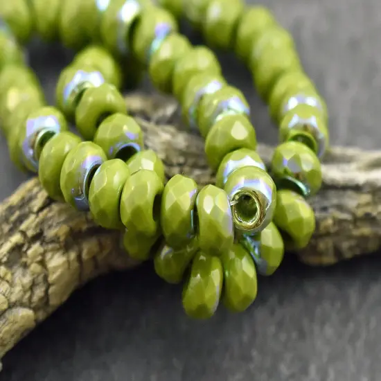 *25* 6x9mm Opaque Avocado Green AB Faceted Large Hole Rondelle Roller Beads {1}