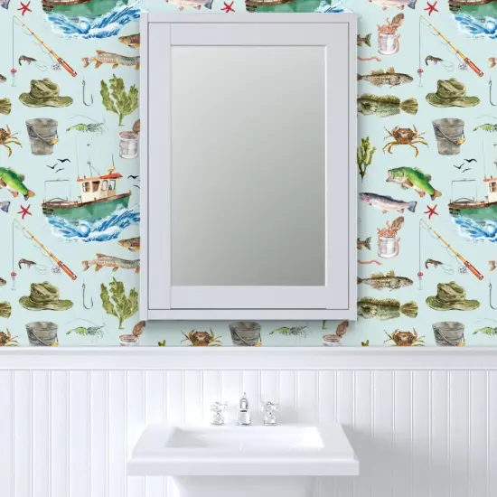 Peel & Stick Wallpaper 2FT Wide Watercolor Adventure Fish Boat Nautical Light Blue Custom Removable Wallpaper by Spoonflower {6}