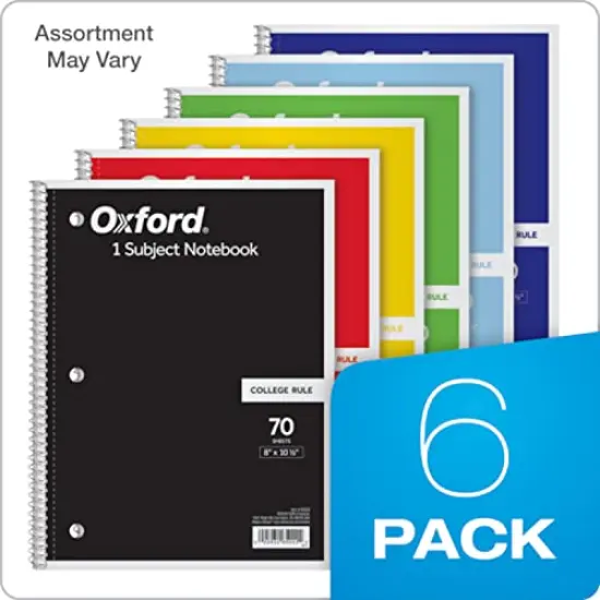 Spiral Notebook 6-Pack 1 Subject College Ruled Paper 8 x 10-1/2 Inch Color Assortment Design May Vary {1}