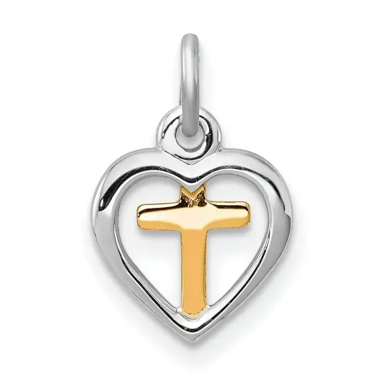 Sterling Silver & Vermeil with Heart Cross Charm Jewerly 15mm x 10mm {1}