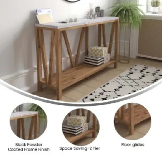 Merrick Lane Erikson Modern Farmhouse Engineered Wood Sofa Table with Wood Bracing and Lower Shelf Warm Oak/Concrete {2}