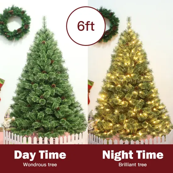 Costway 6Ft Pre-Lit PVC Artificial Carolina Pine Tree Flocked Cones Hinged w/ LED Lights {6}