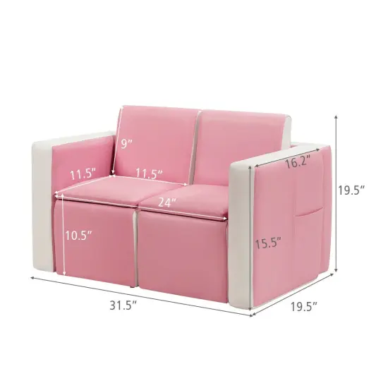 2 in 1 Multi-Functional Kids Sofa Table Chair Set with PVC Surface and Storage Box Under The Seat Pink {4}