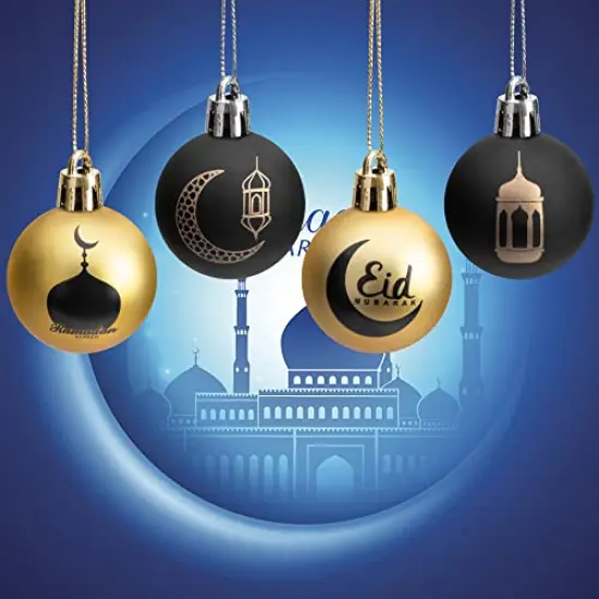 24 Pieces Ramadan Ornament Ball, 1.57" Black Gold Eid Mubarak Hanging Balls, Ramadan Mubarak Ornaments for Islamic Muslim Tree Party Decor {1}
