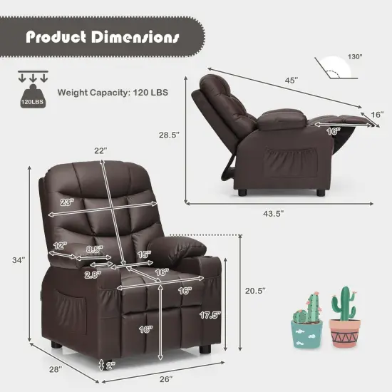 Kids Recliner Chair with Cup Holders Suitable for Children's Room, Living Room and Bedroom Brown {3}