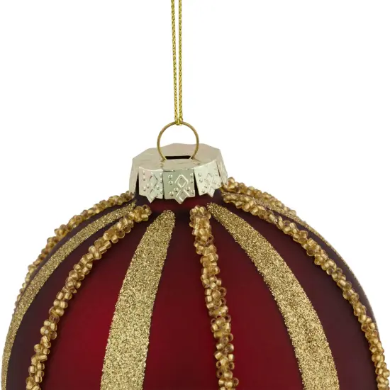 Northlight Beaded Stripes Christmas Glass Ball Ornaments - 4" - Burgundy and Gold - Set of 2 Red {6}