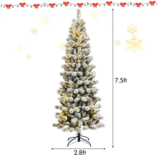 Costway 7.5FT Pre-Lit Hinged Christmas Tree Snow Flocked w/9 Modes Remote Control Lights {4}