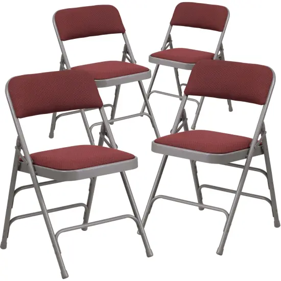 Emma and Oliver 4 Pack Curved Triple Braced & Double Hinged Fabric Upholstered Metal Folding Chair Burgundy Patterned {1}