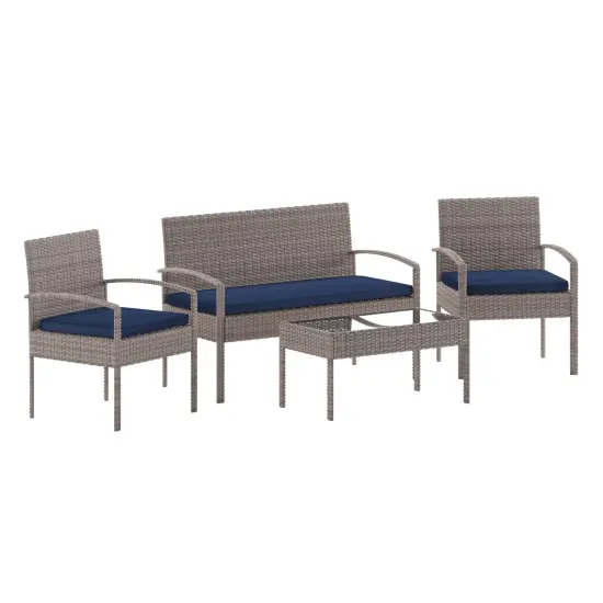 Emma and Oliver 4 Piece Patio Set with Steel Frame and Cushions - Outdoor Seating Light Gray/Navy {1}