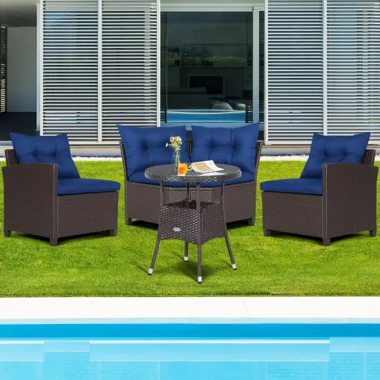 4 Pieces Patio Rattan Furniture Set Cushioned Sofa Glass Table Navy {6}