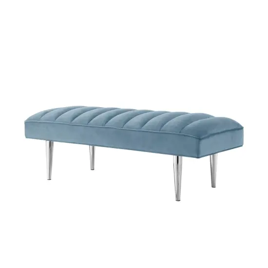 Denver Velvet Channel Tufted Bench with Mirrorred Lacquer Finish With Gold/Chrome Legs Blue/Chrome {3}