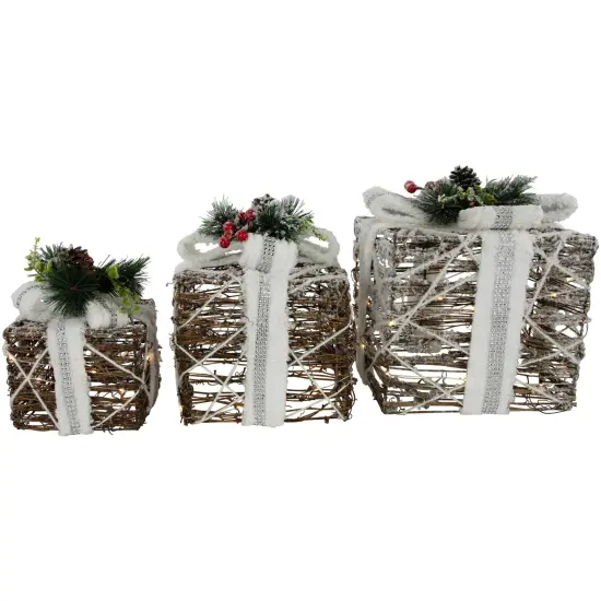 Northlight LED Lighted Gift Boxes with Pine and Berries Christmas Decorations - 9.75" - Set of 3 Beige {4}