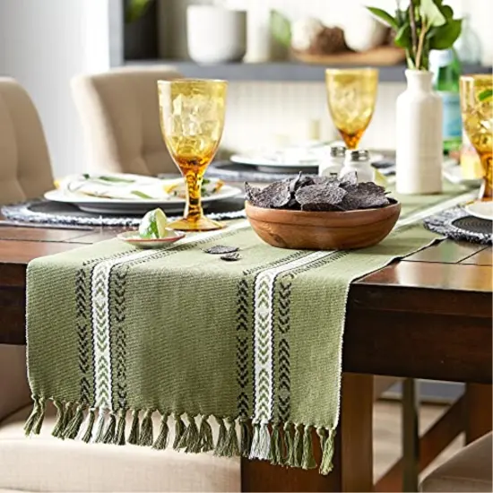 DII Olive Green Dobby Striped Fringe Ribbed Table Runner 14x108 {3}