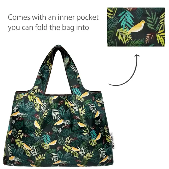 Wrapables Large Foldable Tote Nylon Reusable Grocery Bags, Birds in Ferns {5}