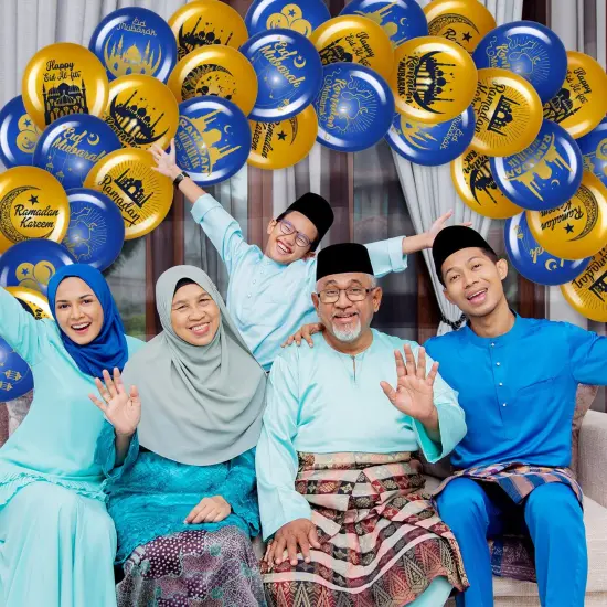 40 PCS Ramadan Mubarak Balloons Eid Mubarak Party Decoration Happy Eid al-Fitr Theme Latex Balloons Set for Home Event Indoor Outdoor Ramadan Kareem Decor Supplies, 12 Inches (Blue and Gold) {6}