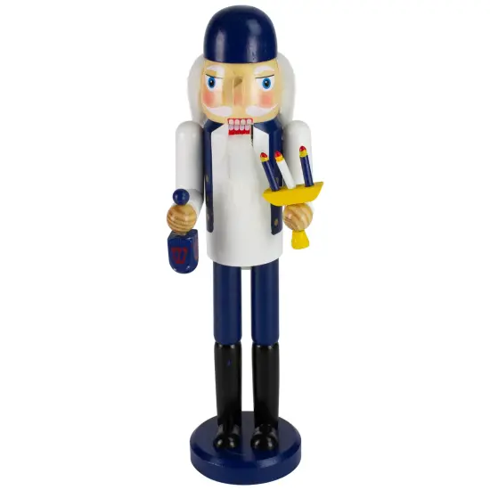 Northlight 14" Blue and White Wooden Hanukkah Nutcracker with Dreidel and Menorah {1}