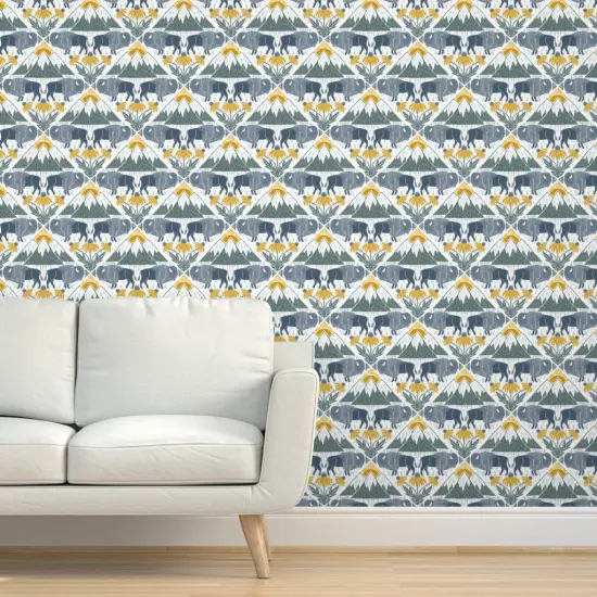 Pre-Pasted Wallpaper 2FT Wide Bison Western Floral Blue Yellow Mountains Prairie National Parks Wildflower Lattice Custom Pre-pasted Wallpaper by Spoonflower {5}