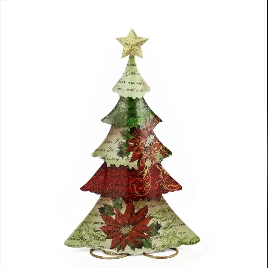 Gallerie II 18.25" Green, Red and Off White Tin Vintage Postcard Christmas Tree Table Top Christmas Decoration {1}