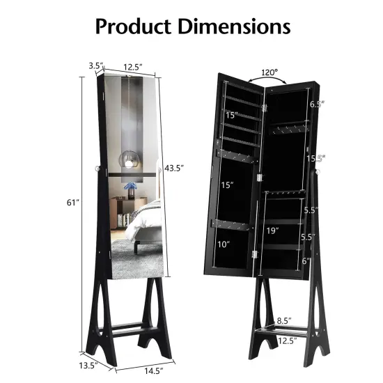 Freestanding Jewelry Cabinet Armoire Organizer with Bevel Edge Mirror Black {4}