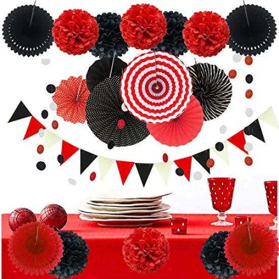Party Decoration, 21 Pcs Black and Red Hanging Paper Fans Pom Poms Flowers, Garlands String Polka Dot and Triangle Bunting Flags for Minnie Mouse Birthday Parties Baby Showers Wedding {1}
