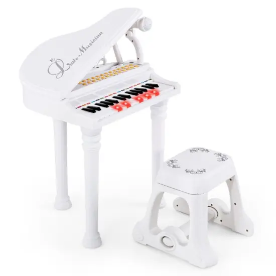 31 Keys Kids Piano Keyboard with Stool and Piano Lid White {1}